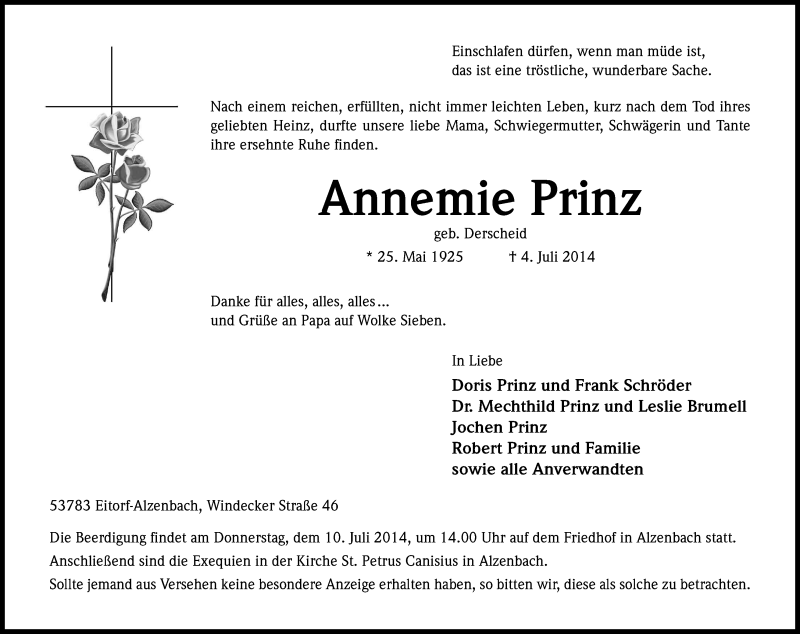  Traueranzeige für Annemie Prinz vom 08.07.2014 aus Kölner Stadt-Anzeiger / Kölnische Rundschau / Express