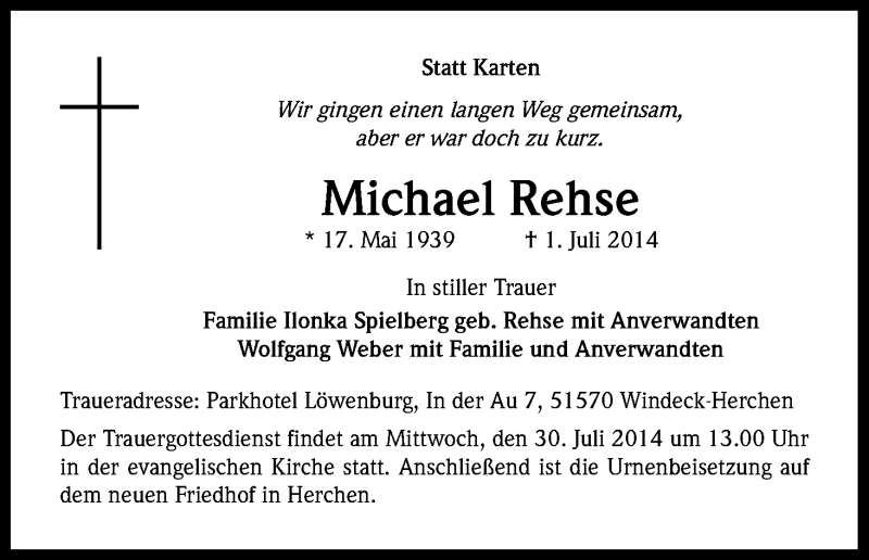 Traueranzeige für Michael Rehse vom 25.07.2014 aus Kölner Stadt-Anzeiger / Kölnische Rundschau / Express
