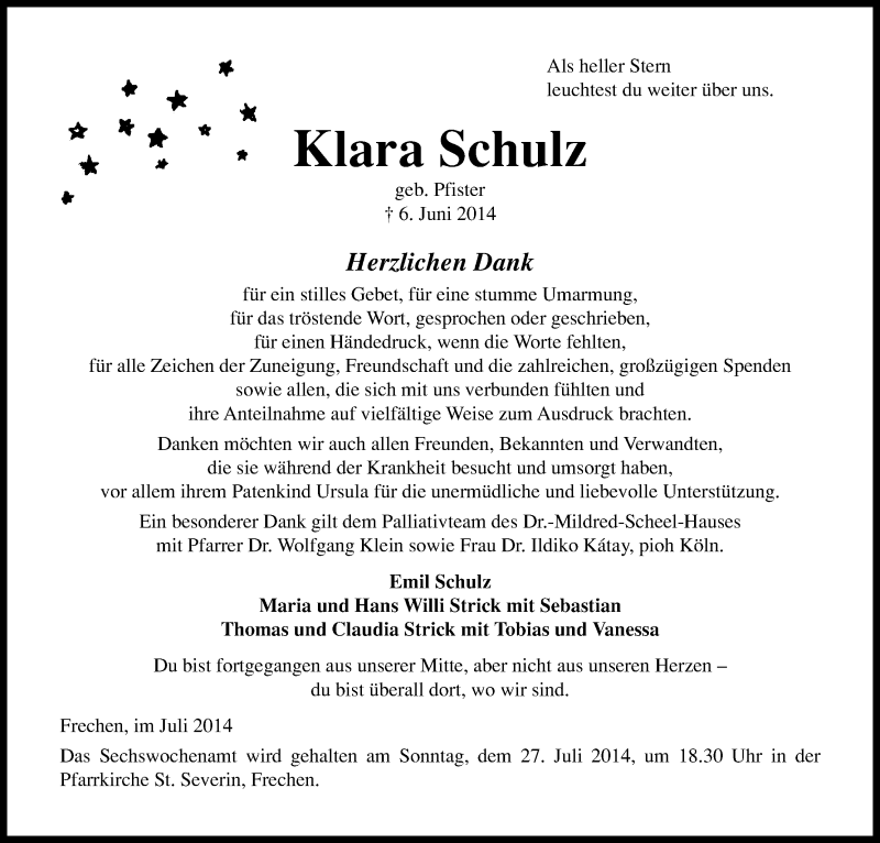  Traueranzeige für Klara Schulz vom 12.07.2014 aus Kölner Stadt-Anzeiger / Kölnische Rundschau / Express