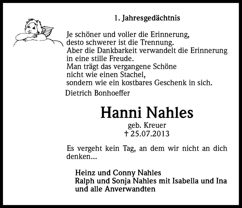  Traueranzeige für Hanni Nahles vom 25.07.2014 aus Kölner Stadt-Anzeiger / Kölnische Rundschau / Express