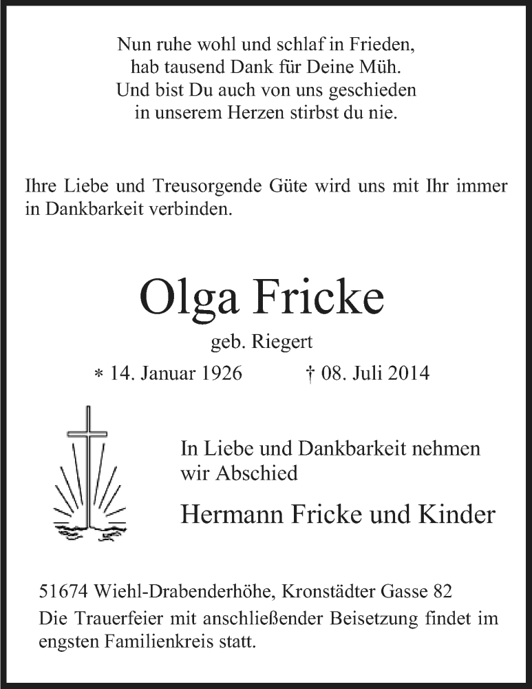  Traueranzeige für Olga Fricke vom 12.07.2014 aus Kölner Stadt-Anzeiger / Kölnische Rundschau / Express