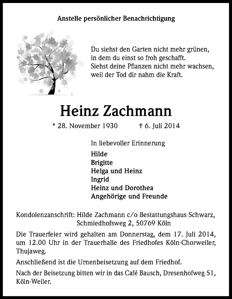  Traueranzeige für Heinz Zachmann vom 12.07.2014 aus Kölner Stadt-Anzeiger / Kölnische Rundschau / Express