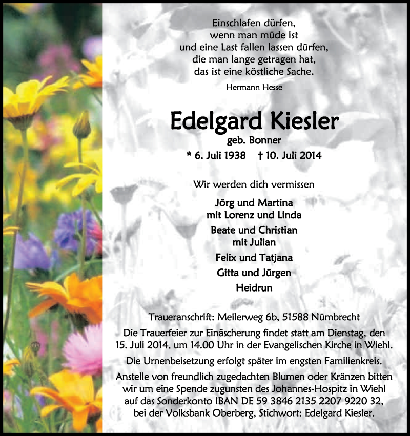  Traueranzeige für Edelgard Kiesler vom 12.07.2014 aus Kölner Stadt-Anzeiger / Kölnische Rundschau / Express