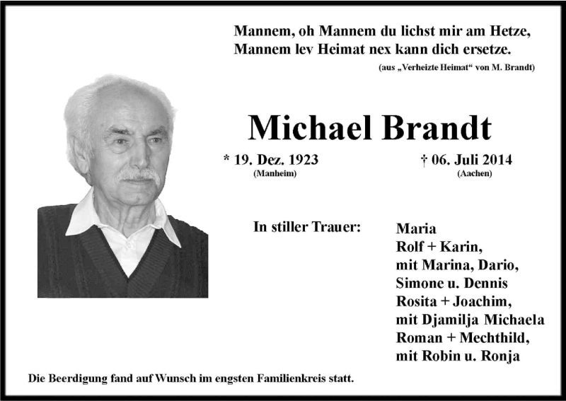  Traueranzeige für Michael Brandt vom 19.07.2014 aus Kölner Stadt-Anzeiger / Kölnische Rundschau / Express