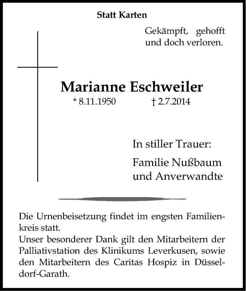  Traueranzeige für Marianne Eschweiler vom 26.07.2014 aus Kölner Stadt-Anzeiger / Kölnische Rundschau / Express