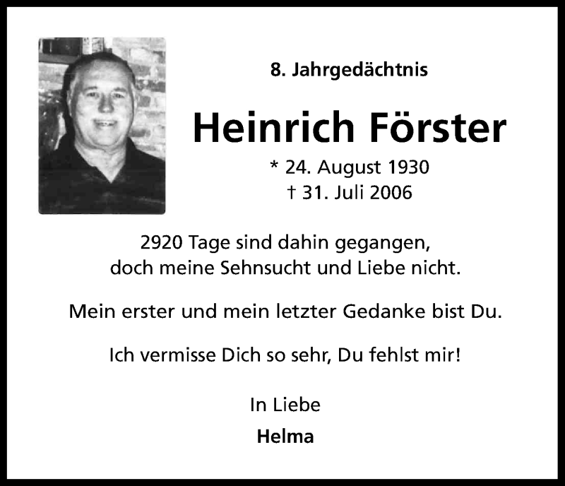  Traueranzeige für Heinrich Förster vom 31.07.2014 aus Kölner Stadt-Anzeiger / Kölnische Rundschau / Express