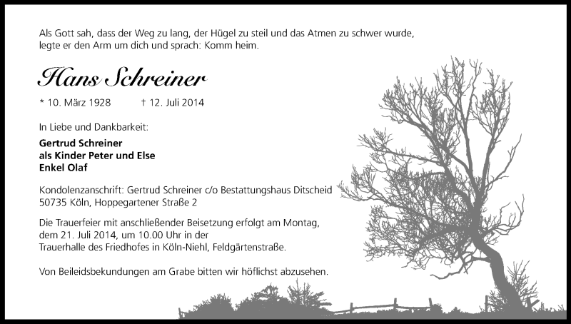  Traueranzeige für Hans Schreiner vom 16.07.2014 aus Kölner Stadt-Anzeiger / Kölnische Rundschau / Express