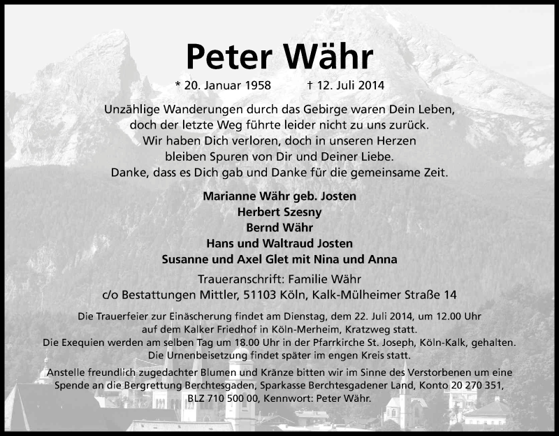  Traueranzeige für Peter Währ vom 19.07.2014 aus Kölner Stadt-Anzeiger / Kölnische Rundschau / Express
