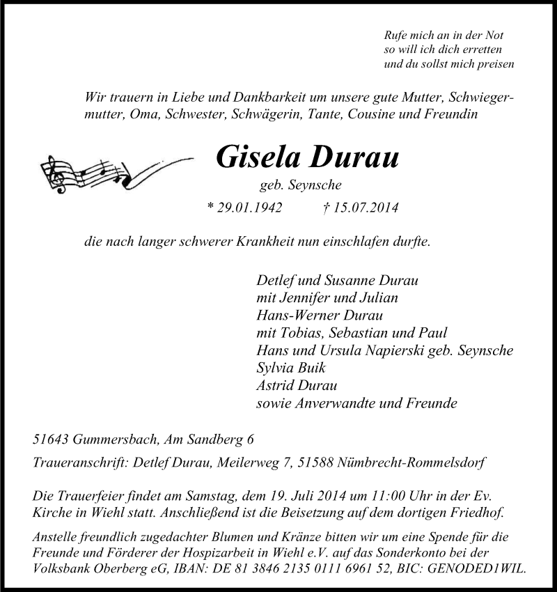  Traueranzeige für Gisela Durau vom 17.07.2014 aus Kölner Stadt-Anzeiger / Kölnische Rundschau / Express