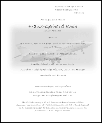 Anzeige von Franz-Gerhard Koch von Kölner Stadt-Anzeiger / Kölnische Rundschau / Express