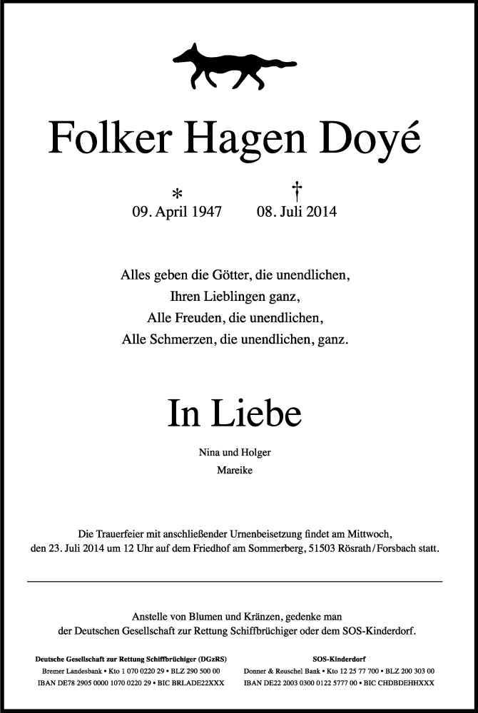 Traueranzeige für Folker Hagen Doyé vom 19.07.2014 aus Kölner Stadt-Anzeiger / Kölnische Rundschau / Express