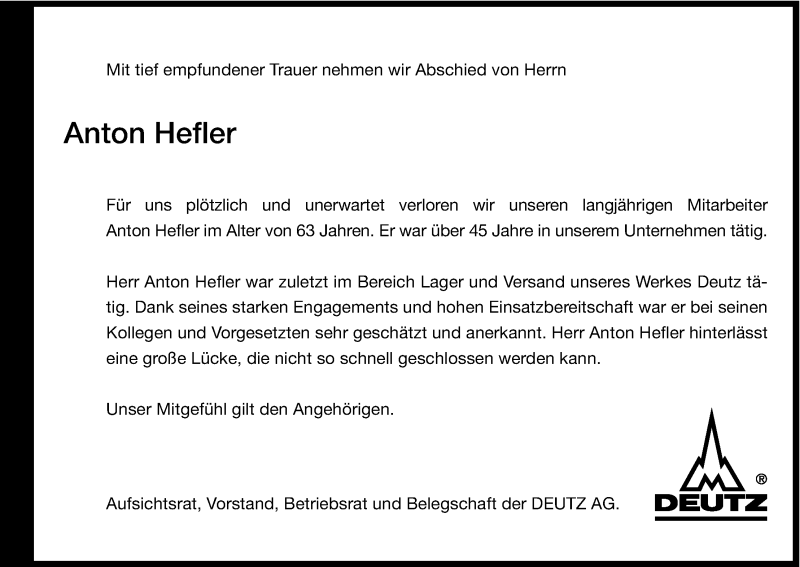 Traueranzeige für Anton Hefler vom 19.07.2014 aus Kölner Stadt-Anzeiger / Kölnische Rundschau / Express