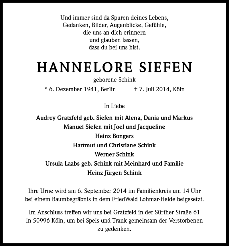  Traueranzeige für Hannelore Siefen vom 19.07.2014 aus Kölner Stadt-Anzeiger / Kölnische Rundschau / Express