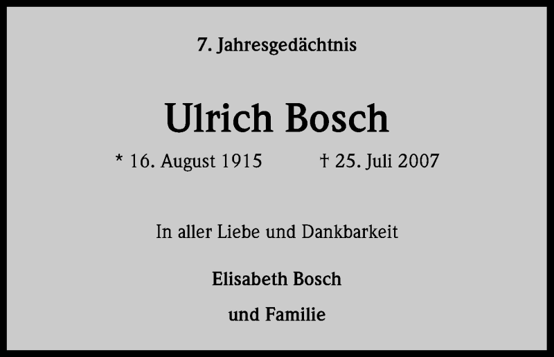  Traueranzeige für Ulrich Bosch vom 25.07.2014 aus Kölner Stadt-Anzeiger / Kölnische Rundschau / Express