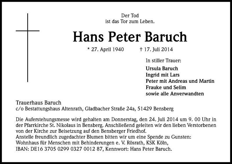  Traueranzeige für Hans Peter Baruch vom 22.07.2014 aus Kölner Stadt-Anzeiger / Kölnische Rundschau / Express