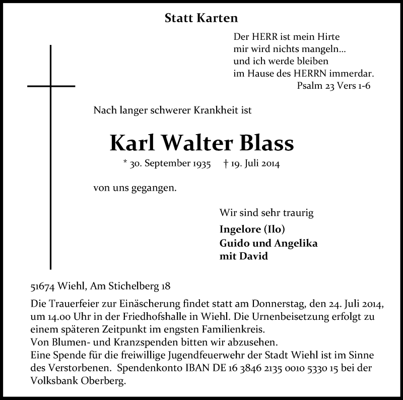  Traueranzeige für Karl Walter Blass vom 22.07.2014 aus Kölner Stadt-Anzeiger / Kölnische Rundschau / Express