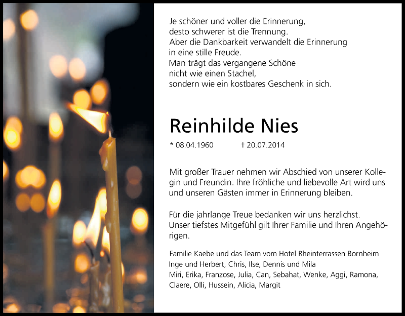  Traueranzeige für Reinhilde Nies vom 26.07.2014 aus Kölner Stadt-Anzeiger / Kölnische Rundschau / Express