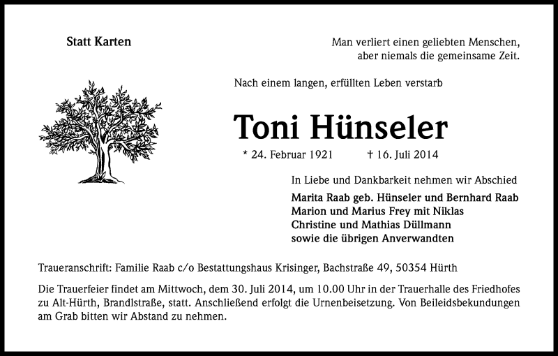  Traueranzeige für Toni Hünseler vom 26.07.2014 aus Kölner Stadt-Anzeiger / Kölnische Rundschau / Express