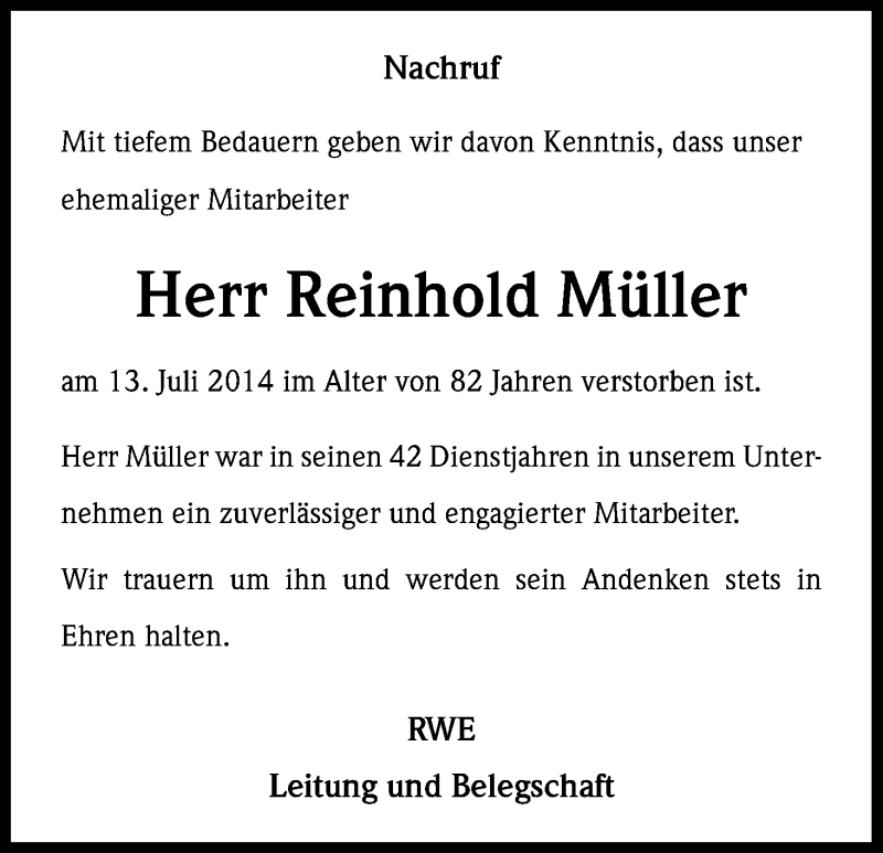  Traueranzeige für Reinhold Müller vom 28.07.2014 aus Kölner Stadt-Anzeiger / Kölnische Rundschau / Express