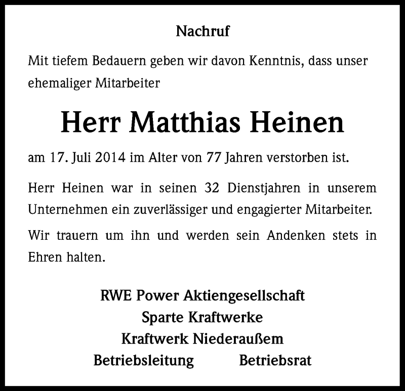  Traueranzeige für Matthias Heinen vom 31.07.2014 aus Kölner Stadt-Anzeiger / Kölnische Rundschau / Express