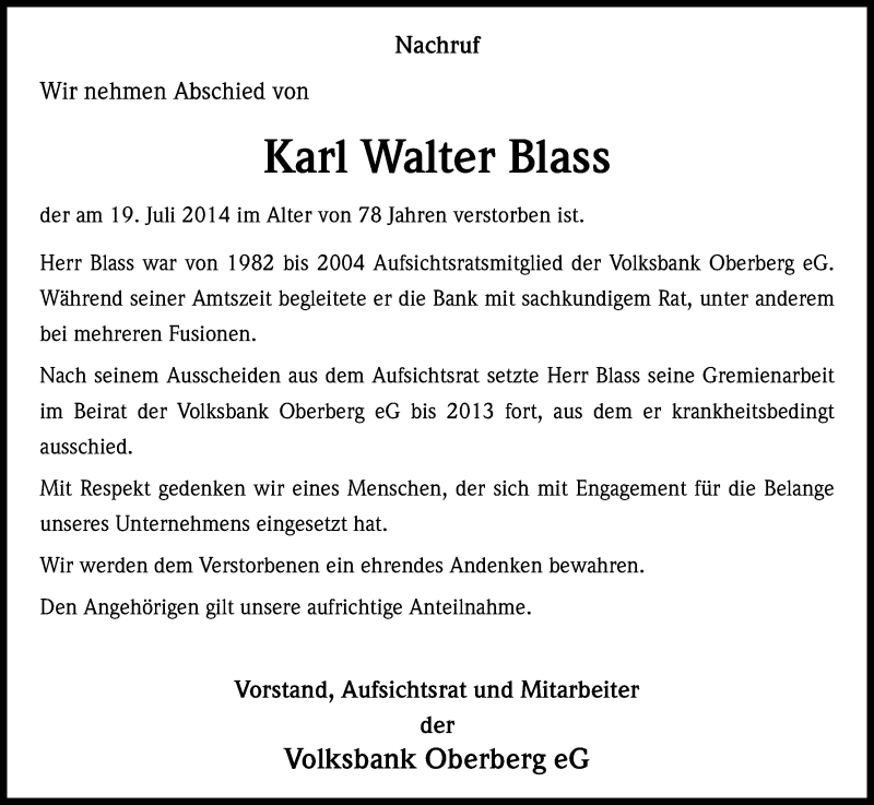  Traueranzeige für Karl Walter Blass vom 24.07.2014 aus Kölner Stadt-Anzeiger / Kölnische Rundschau / Express