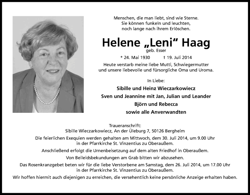  Traueranzeige für Helene Haag vom 25.07.2014 aus Kölner Stadt-Anzeiger / Kölnische Rundschau / Express