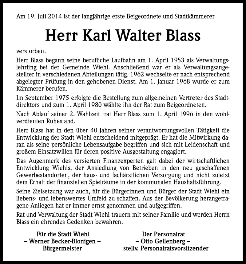  Traueranzeige für Karl Walter Blass vom 25.07.2014 aus Kölner Stadt-Anzeiger / Kölnische Rundschau / Express