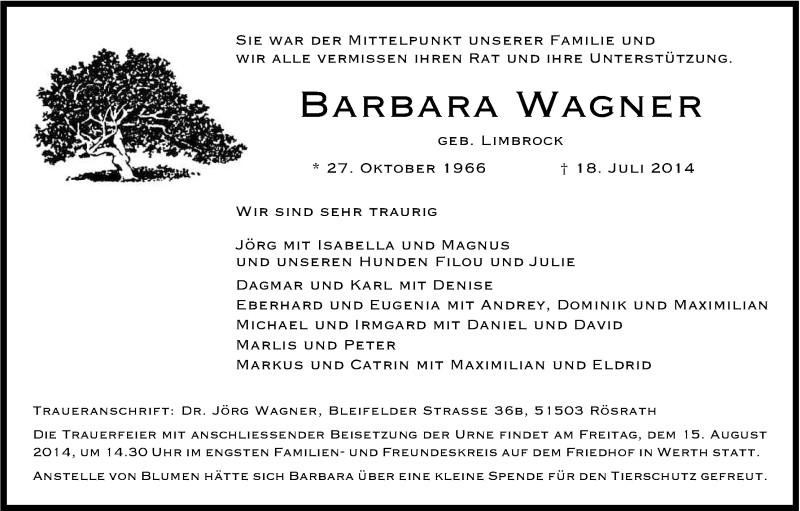 Traueranzeige für Barbara Wagner vom 26.07.2014 aus Kölner Stadt-Anzeiger / Kölnische Rundschau / Express