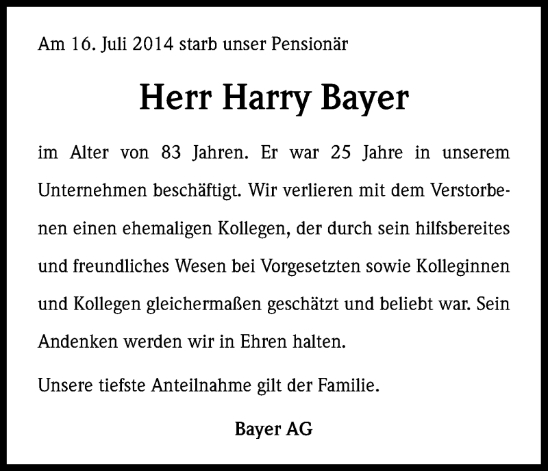  Traueranzeige für Harry Bayer vom 25.07.2014 aus Kölner Stadt-Anzeiger / Kölnische Rundschau / Express