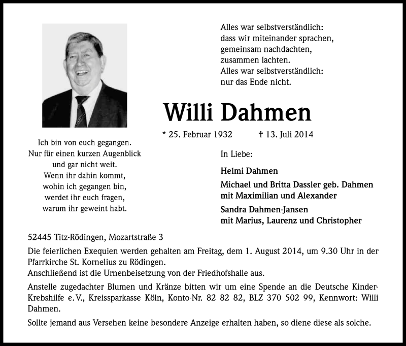 Traueranzeige für Willi Dahmen vom 26.07.2014 aus Kölner Stadt-Anzeiger / Kölnische Rundschau / Express
