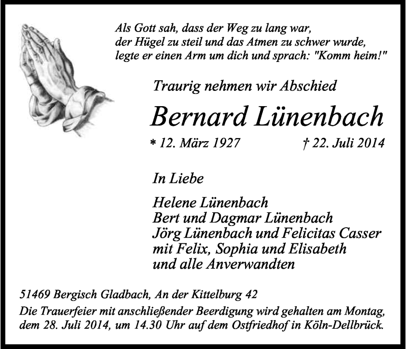  Traueranzeige für Bernard Lünenbach vom 25.07.2014 aus Kölner Stadt-Anzeiger / Kölnische Rundschau / Express