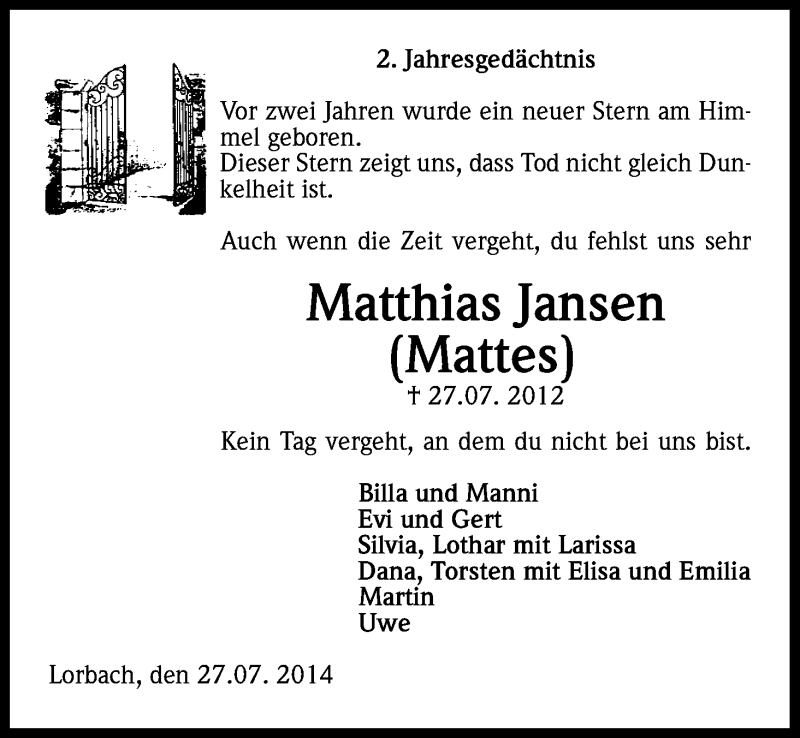  Traueranzeige für Matthias Jansen vom 28.07.2014 aus Kölner Stadt-Anzeiger / Kölnische Rundschau / Express