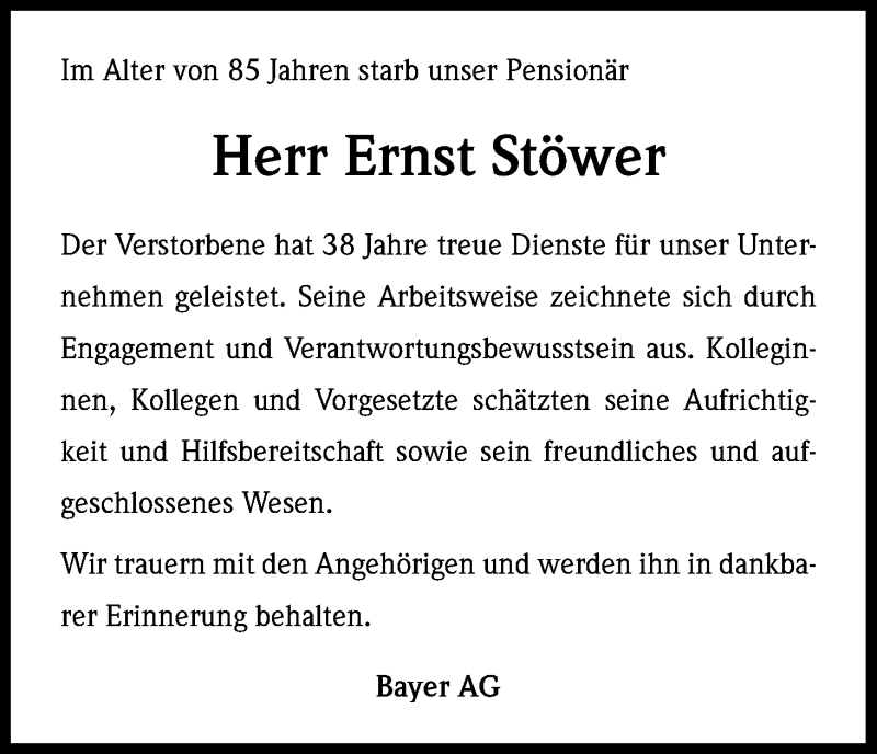  Traueranzeige für Ernst Stöwer vom 25.07.2014 aus Kölner Stadt-Anzeiger / Kölnische Rundschau / Express