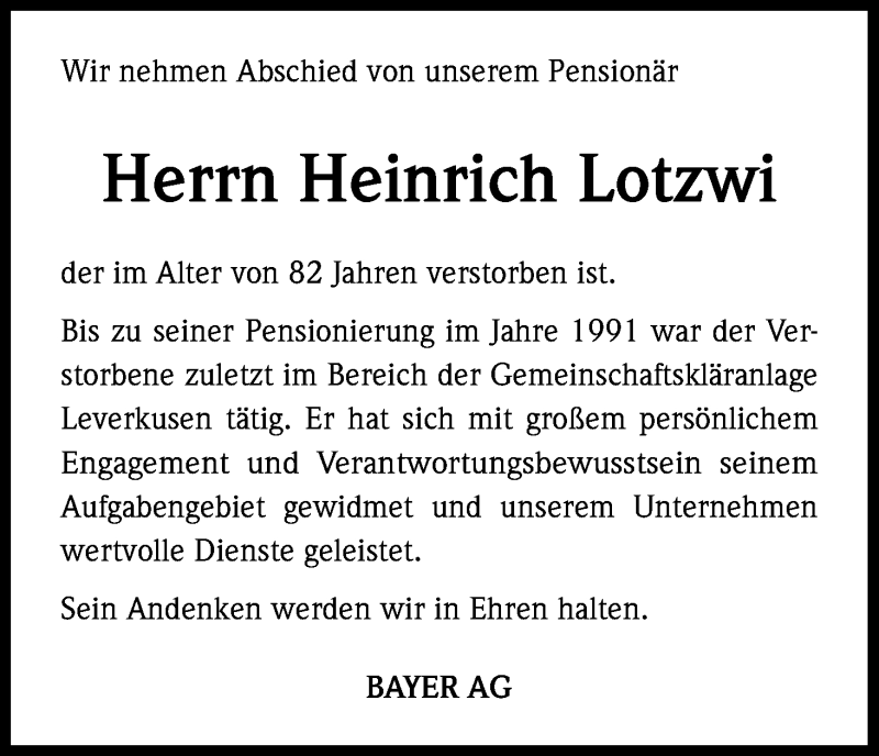  Traueranzeige für Heinrich Lotzwi vom 25.07.2014 aus Kölner Stadt-Anzeiger / Kölnische Rundschau / Express