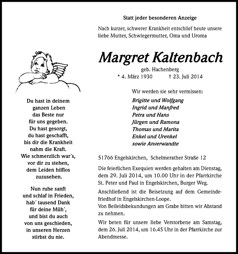  Traueranzeige für Margret Kaltenbach vom 25.07.2014 aus Kölner Stadt-Anzeiger / Kölnische Rundschau / Express