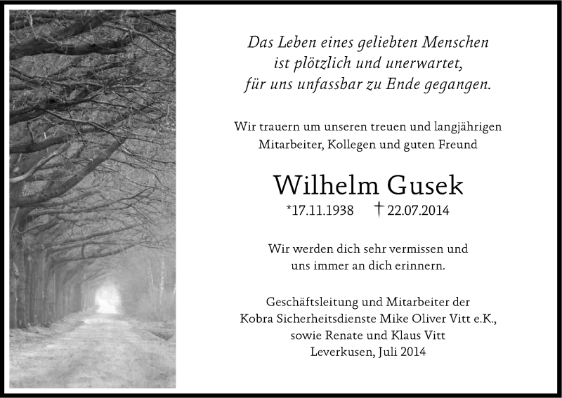  Traueranzeige für Wilhelm Gusek vom 25.07.2014 aus Kölner Stadt-Anzeiger / Kölnische Rundschau / Express
