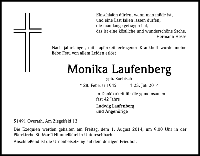  Traueranzeige für Monika Laufenberg vom 28.07.2014 aus Kölner Stadt-Anzeiger / Kölnische Rundschau / Express