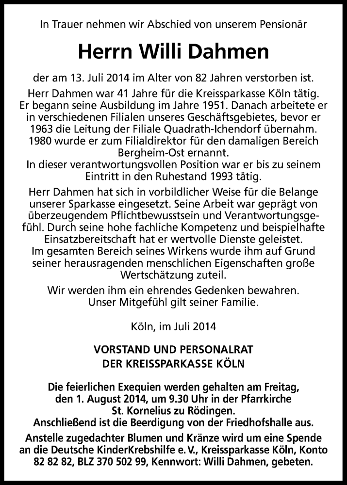  Traueranzeige für Willi Dahmen vom 28.07.2014 aus Kölner Stadt-Anzeiger / Kölnische Rundschau / Express