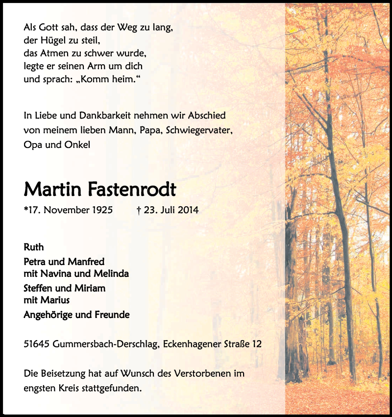 Traueranzeige für Martin Fastenrodt vom 31.07.2014 aus Kölner Stadt-Anzeiger / Kölnische Rundschau / Express