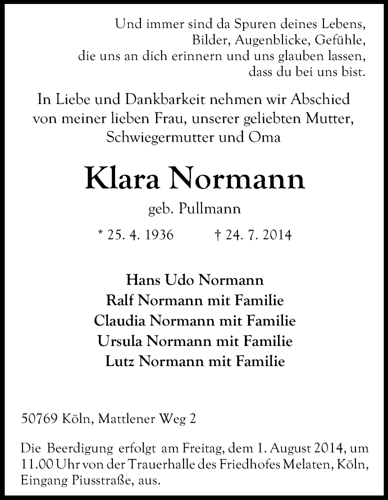  Traueranzeige für Klara Norman vom 28.07.2014 aus Kölner Stadt-Anzeiger / Kölnische Rundschau / Express