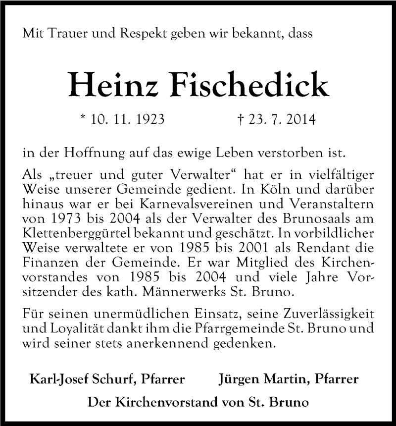  Traueranzeige für Heinz Fischedick vom 26.07.2014 aus Kölner Stadt-Anzeiger / Kölnische Rundschau / Express