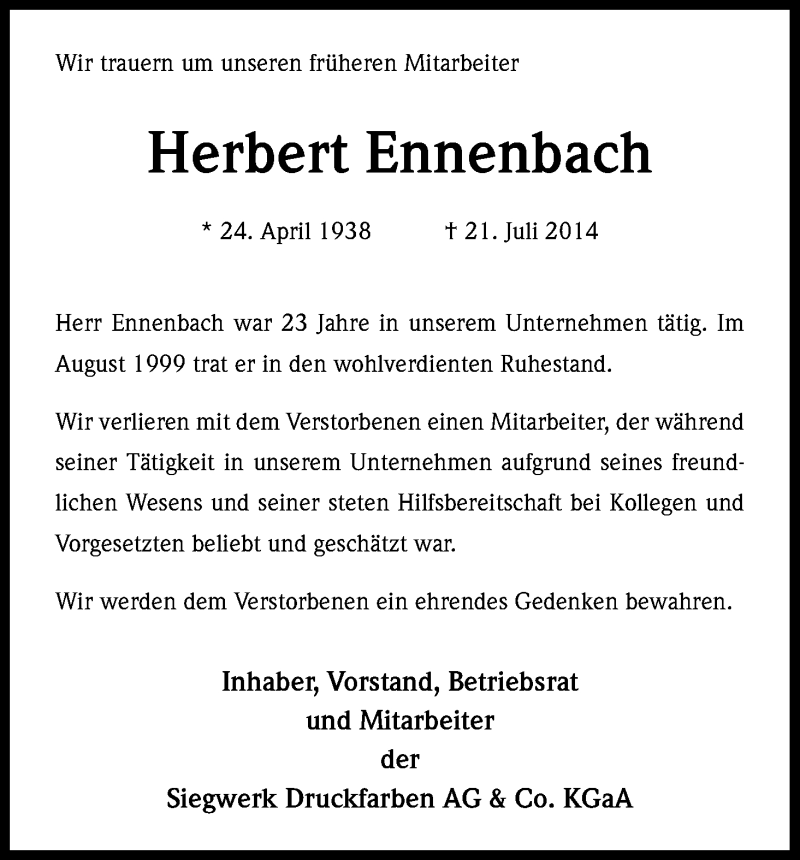 Traueranzeige für Herbert Ennenbach vom 28.07.2014 aus Kölner Stadt-Anzeiger / Kölnische Rundschau / Express