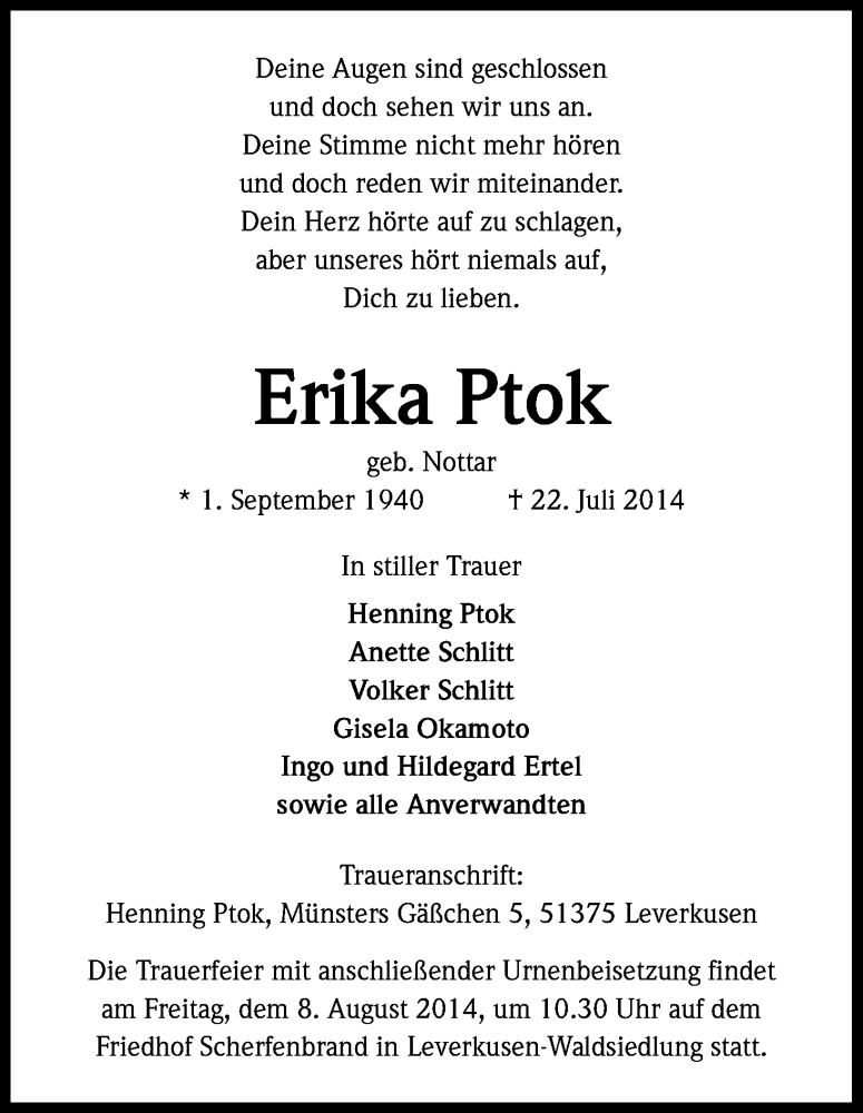  Traueranzeige für Erika Ptok vom 26.07.2014 aus Kölner Stadt-Anzeiger / Kölnische Rundschau / Express