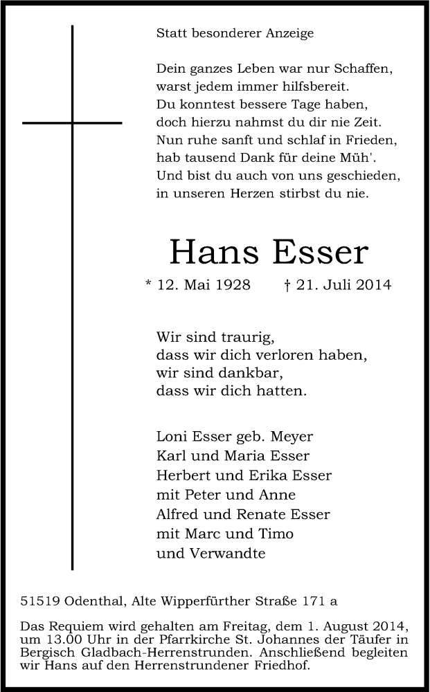  Traueranzeige für Hans Esser vom 28.07.2014 aus Kölner Stadt-Anzeiger / Kölnische Rundschau / Express