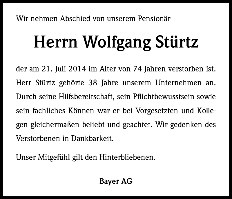  Traueranzeige für Wolfgang Stürtz vom 28.07.2014 aus Kölner Stadt-Anzeiger / Kölnische Rundschau / Express