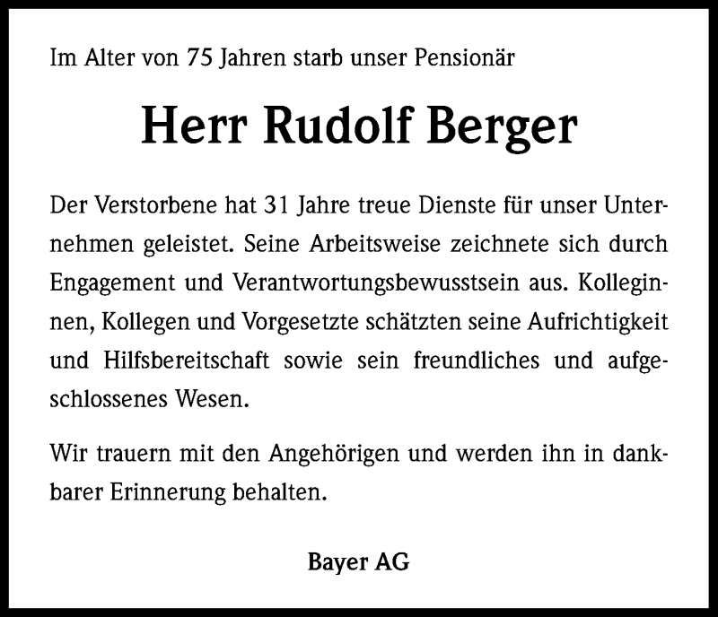  Traueranzeige für Rudolf Berger vom 28.07.2014 aus Kölner Stadt-Anzeiger / Kölnische Rundschau / Express