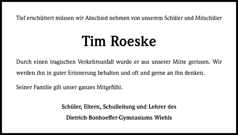  Traueranzeige für Tim Roeske vom 28.07.2014 aus Kölner Stadt-Anzeiger / Kölnische Rundschau / Express