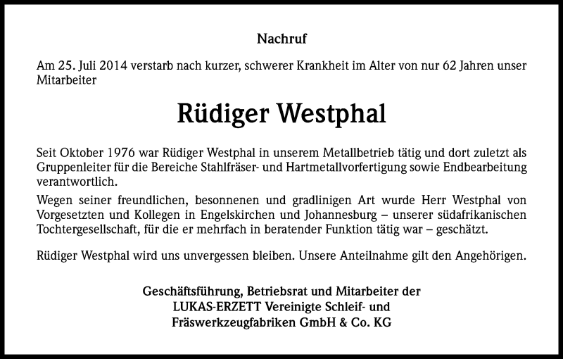  Traueranzeige für Rüdiger Westphal vom 28.07.2014 aus Kölner Stadt-Anzeiger / Kölnische Rundschau / Express