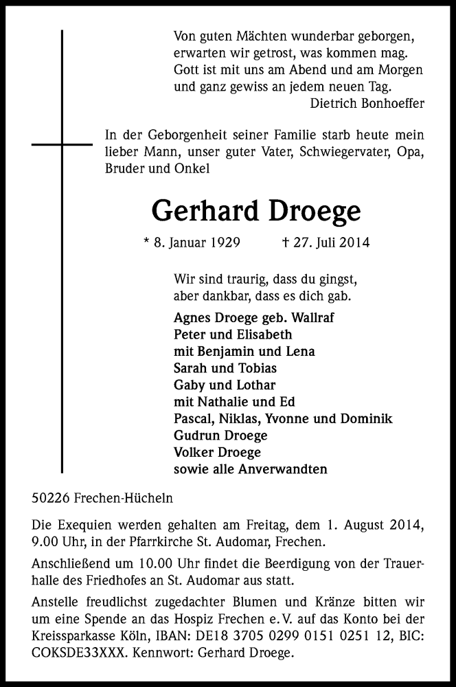  Traueranzeige für Gerhard Droege vom 30.07.2014 aus Kölner Stadt-Anzeiger / Kölnische Rundschau / Express