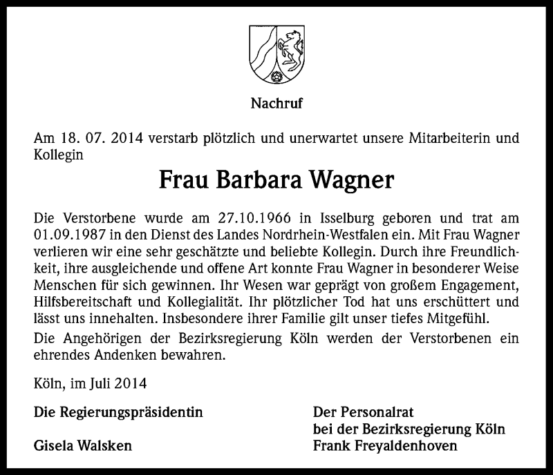  Traueranzeige für Barbara Wagner vom 31.07.2014 aus Kölner Stadt-Anzeiger / Kölnische Rundschau / Express
